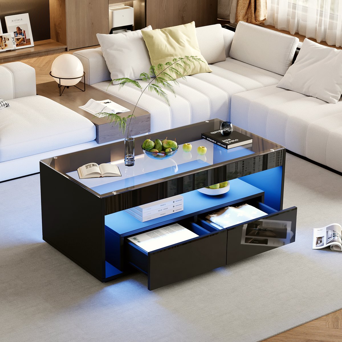 Modern LED Coffee Table - Black Glass with Storage - Image 3