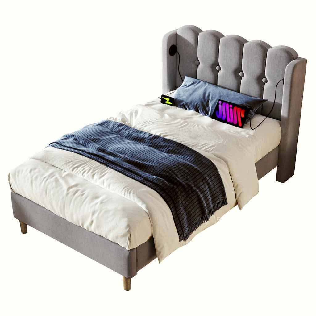 Single Bed - Grey Linen Frame with USB Charging - Image 3