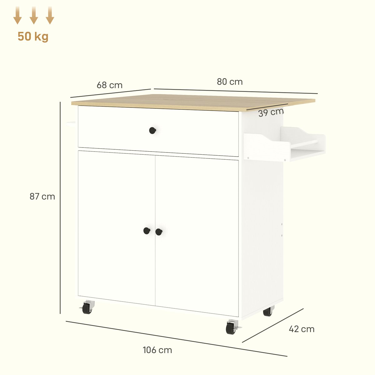 Kitchen Island Cart - White Oak with Drop Leaf Design - Image 3