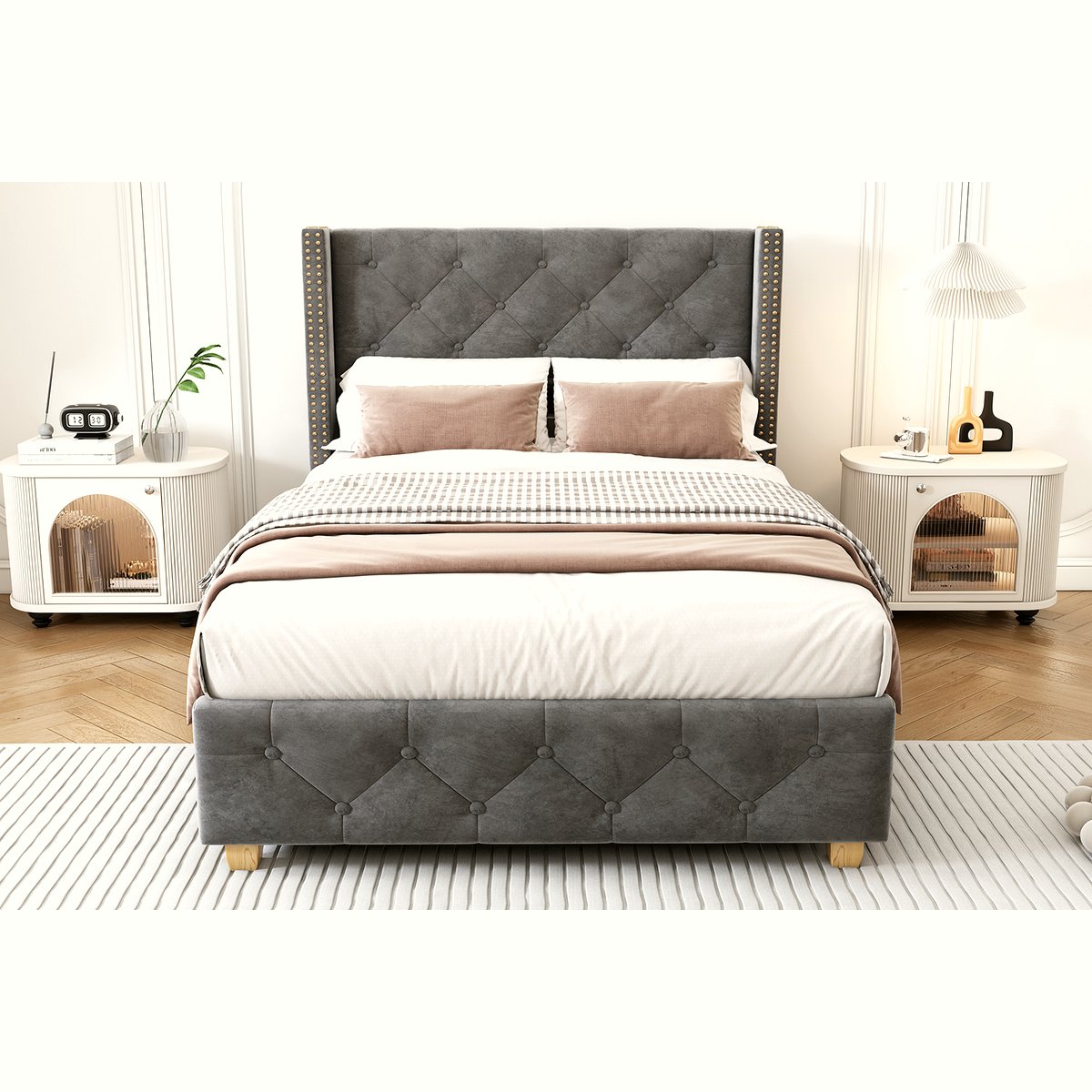 Velvet Single Bed - Grey Button Tufted with Wooden Legs - Image 3