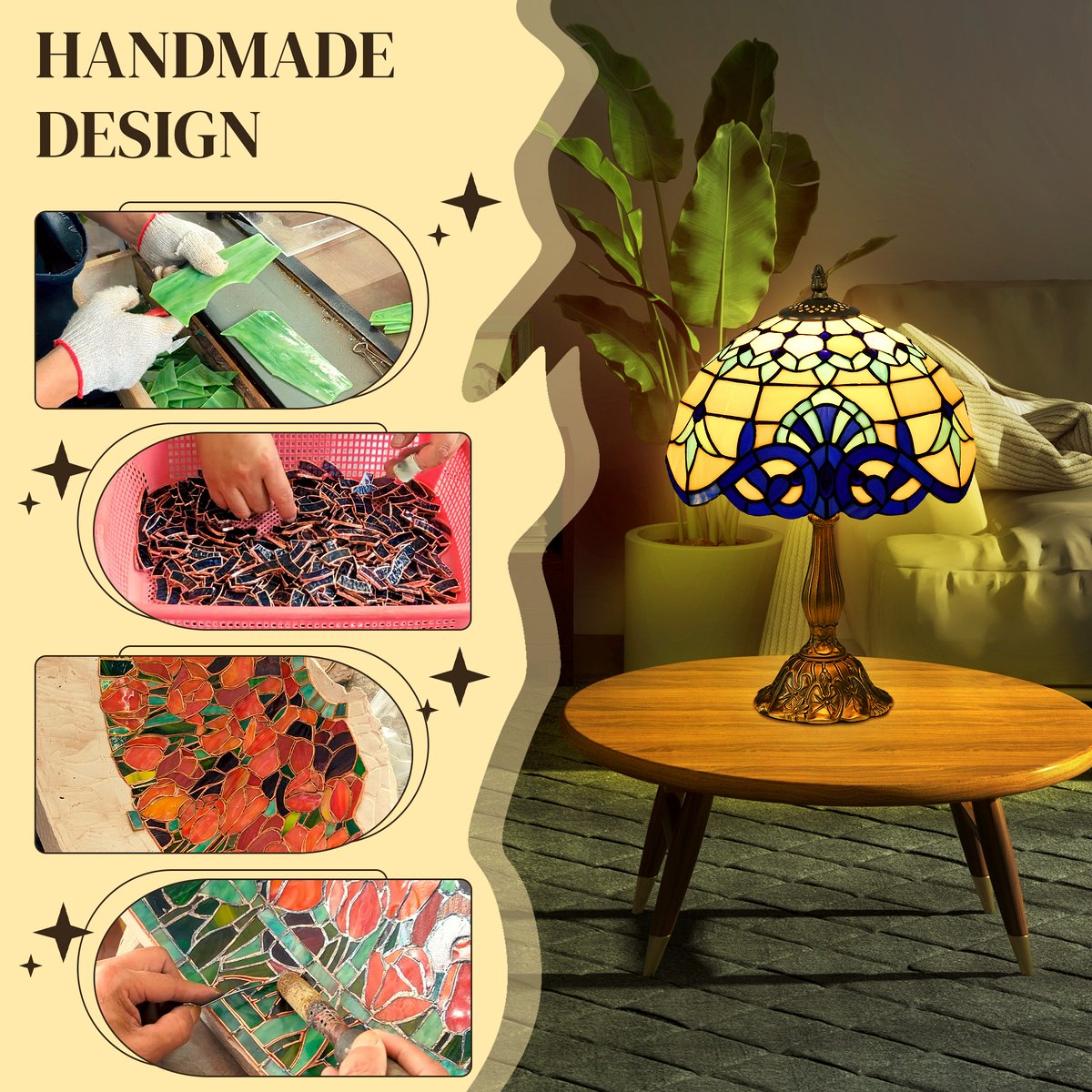 Stained Glass Table Lamp - Handcrafted Blue Antique Design - Image 4