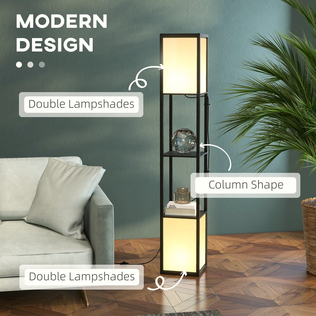 Modern Floor Lamp - Dual Light Shelving Unit in Black - Image 4
