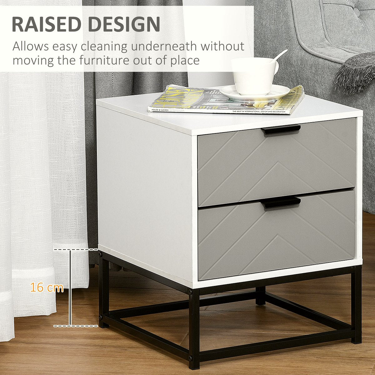 Bedside Cabinet - Grey Chevron Storage with Metal Base - Image 4