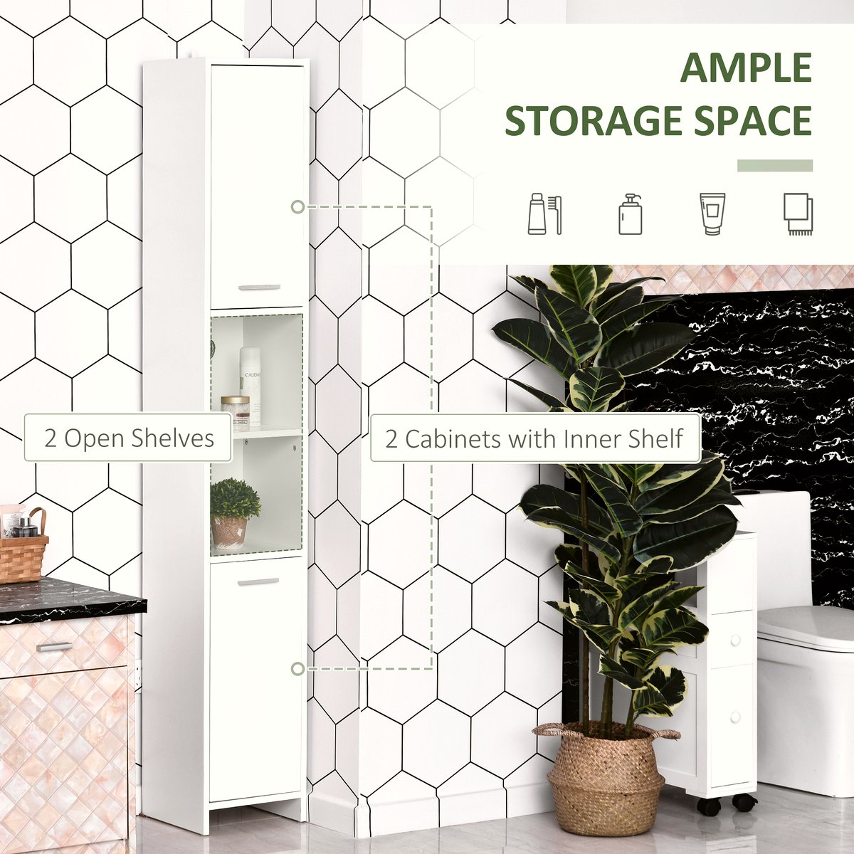 Tall Bathroom Cabinet - Neutral White Wood Storage - Image 4