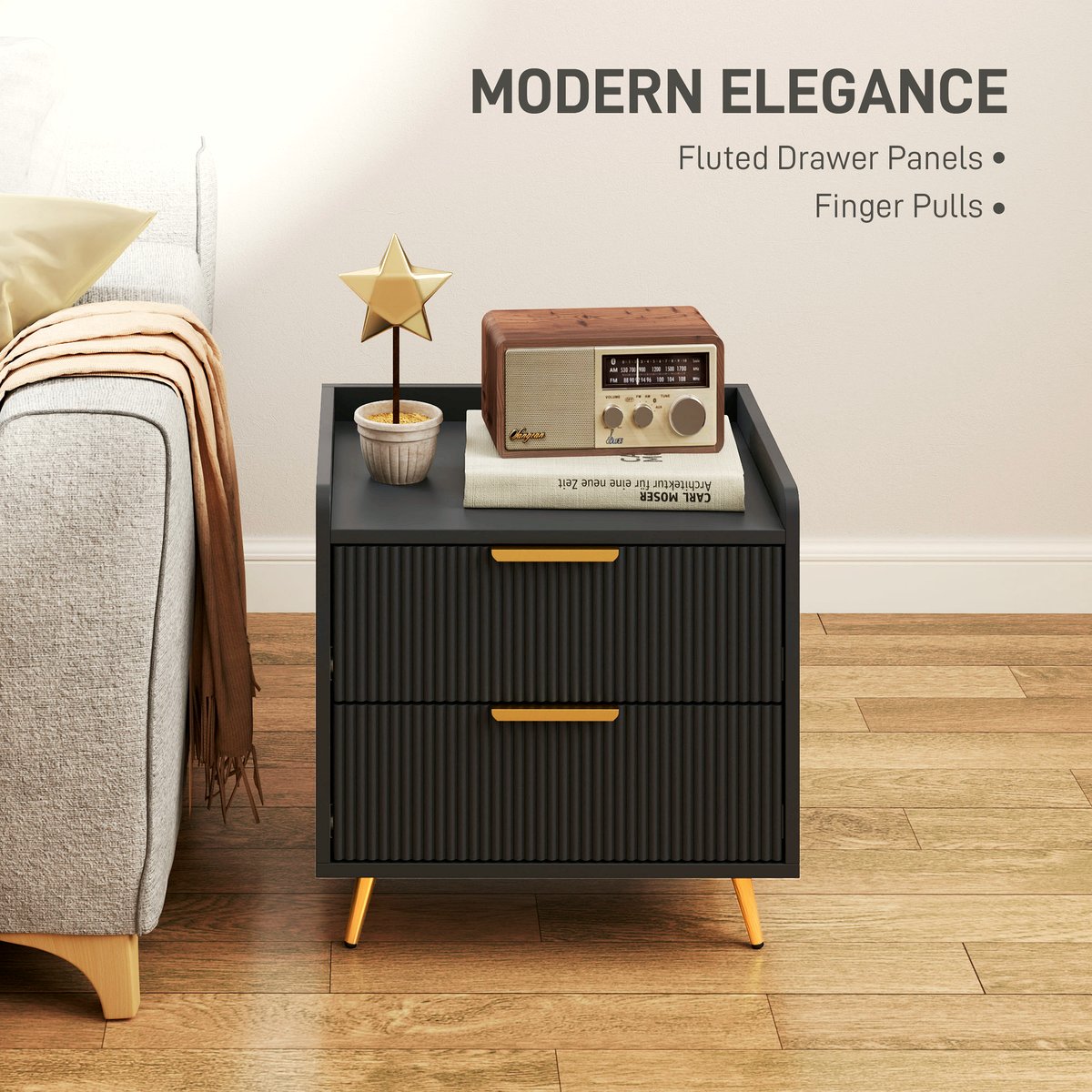Two-Drawer Bedside Table - Black MDF with Gold Handles - Image 4