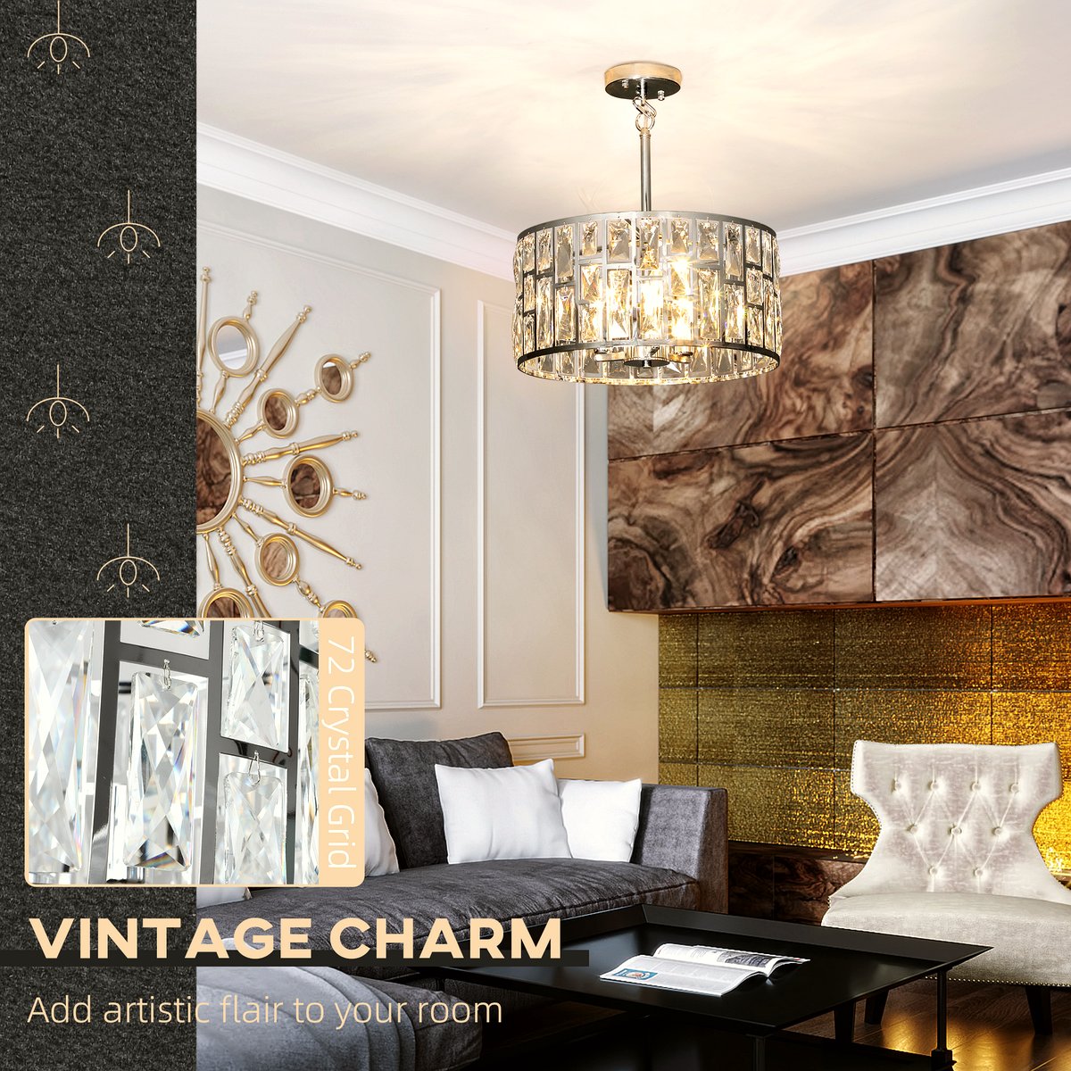 Glass Crystallite Chandelier - Silver-Tone Grid Design - Image 4