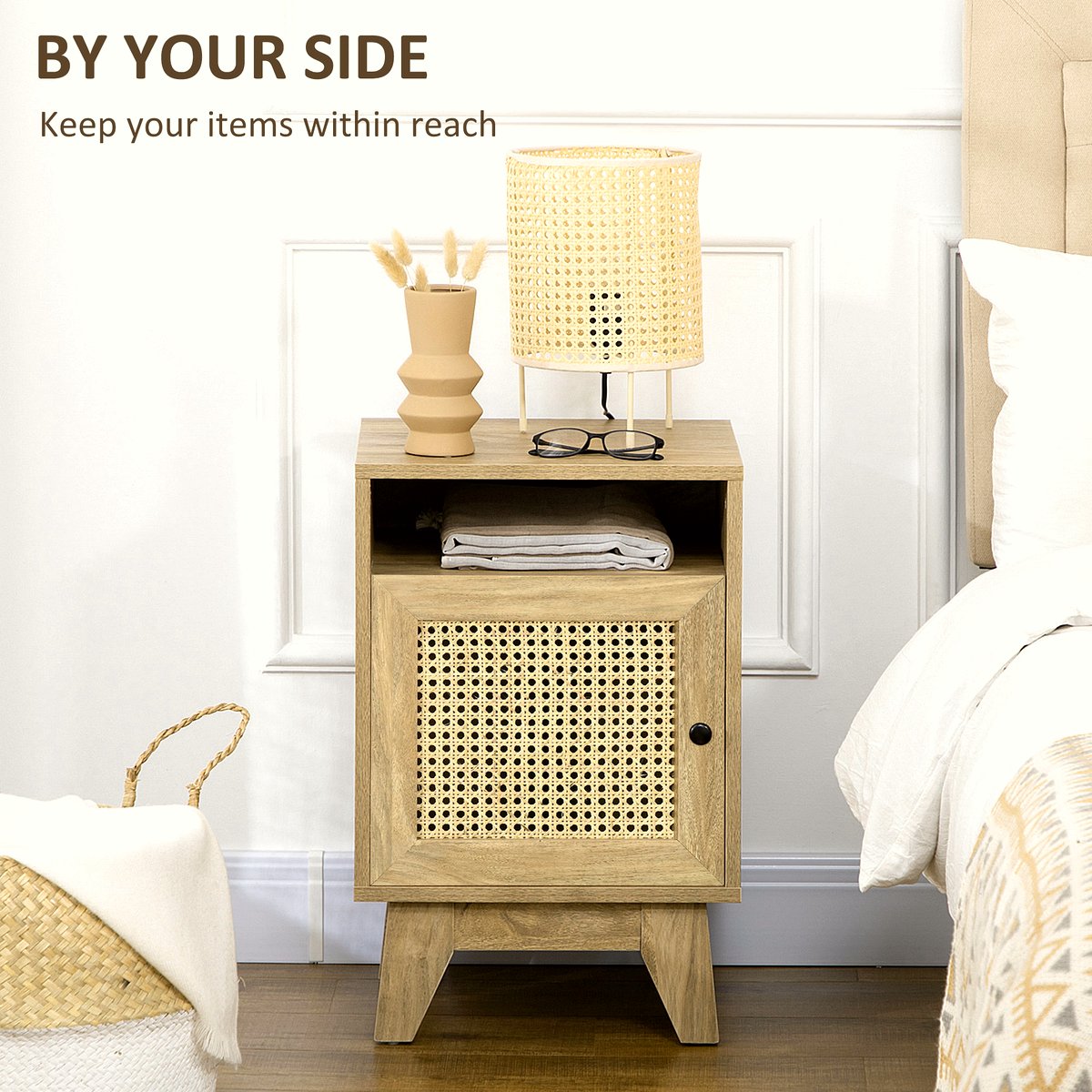 Rattan Nightstand - Natural Wood Side Table with Storage - Image 4