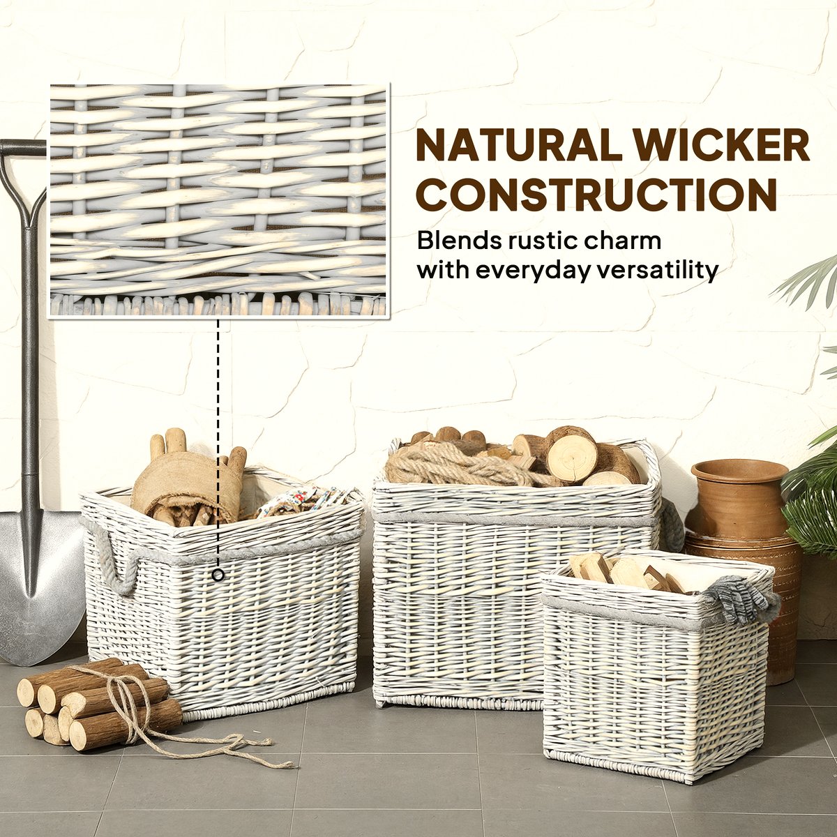 Wicker Log Baskets - Beige Lined Fireside Storage Set - Image 4
