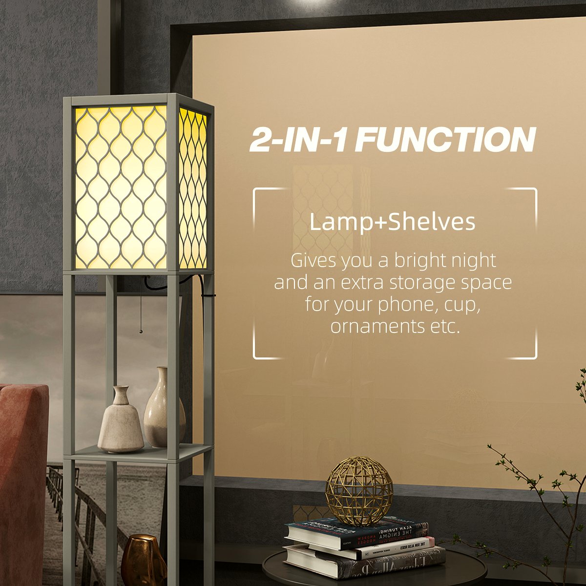 Floor Lamp with Shelves - Modern Light Grey Storage Lamp - Image 4
