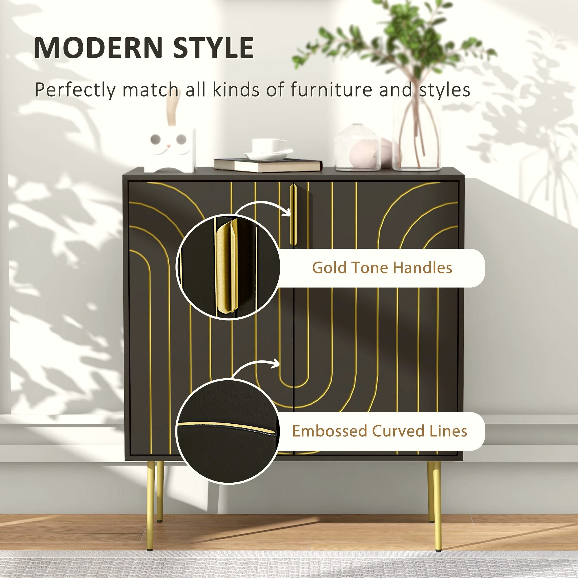 Art Deco Sideboard - Black with Gold Embossed Lines - Image 4