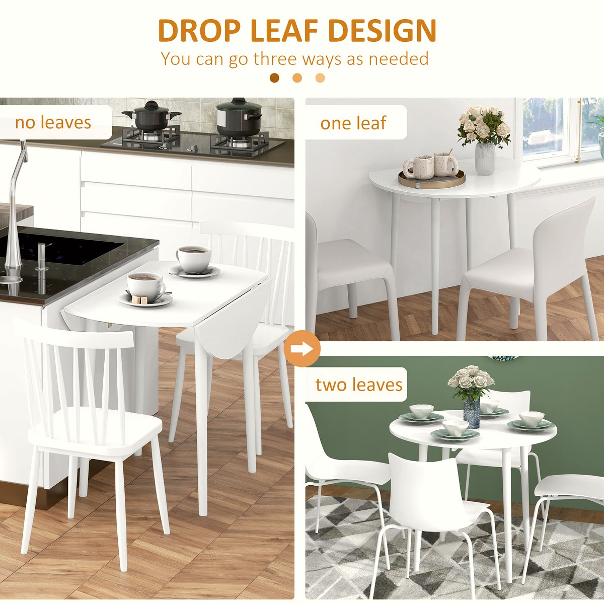 Drop Leaf Dining Table - White Wood Compact Design - Image 4