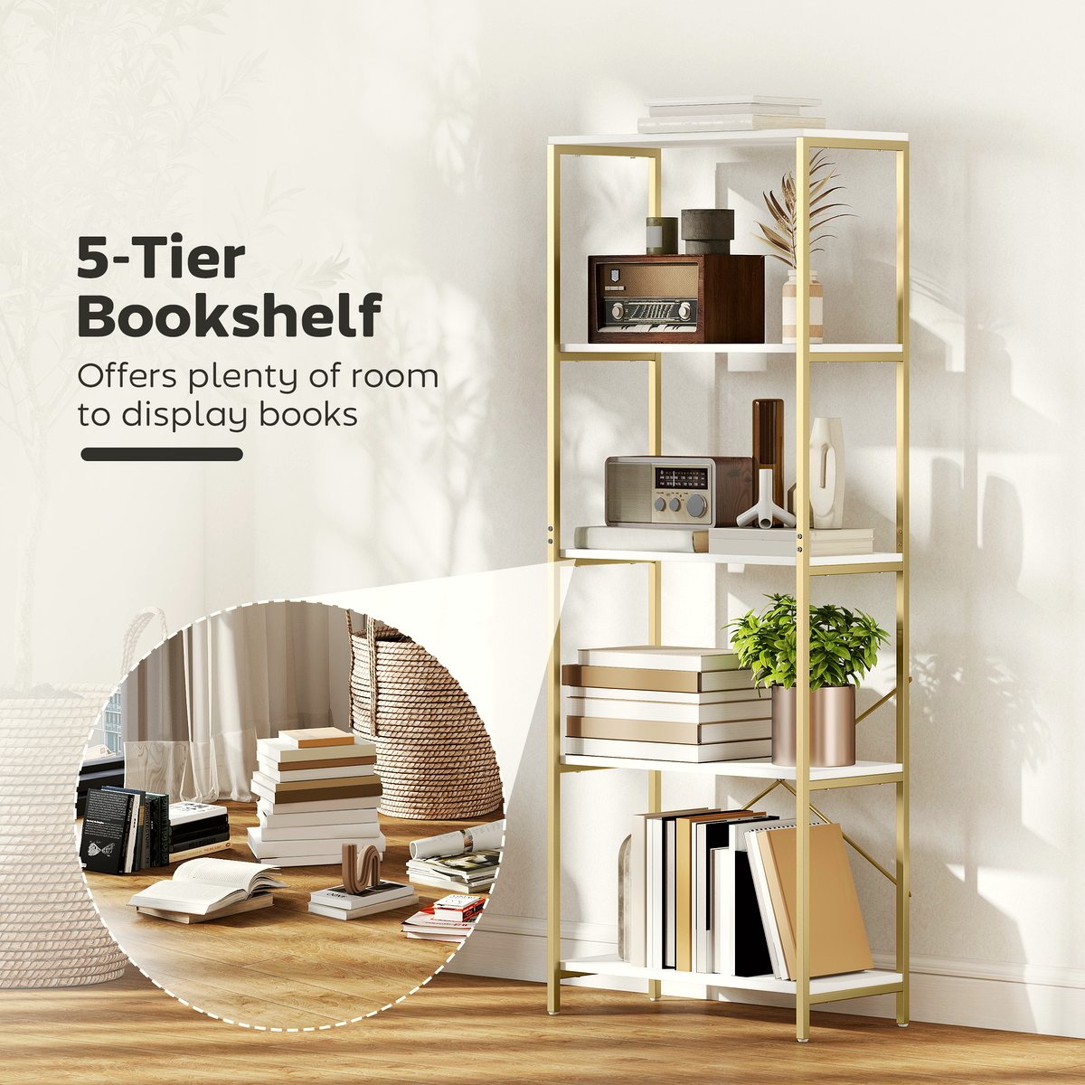 5-Tier Bookshelf - Modern Metal Frame in White and Gold - Image 4