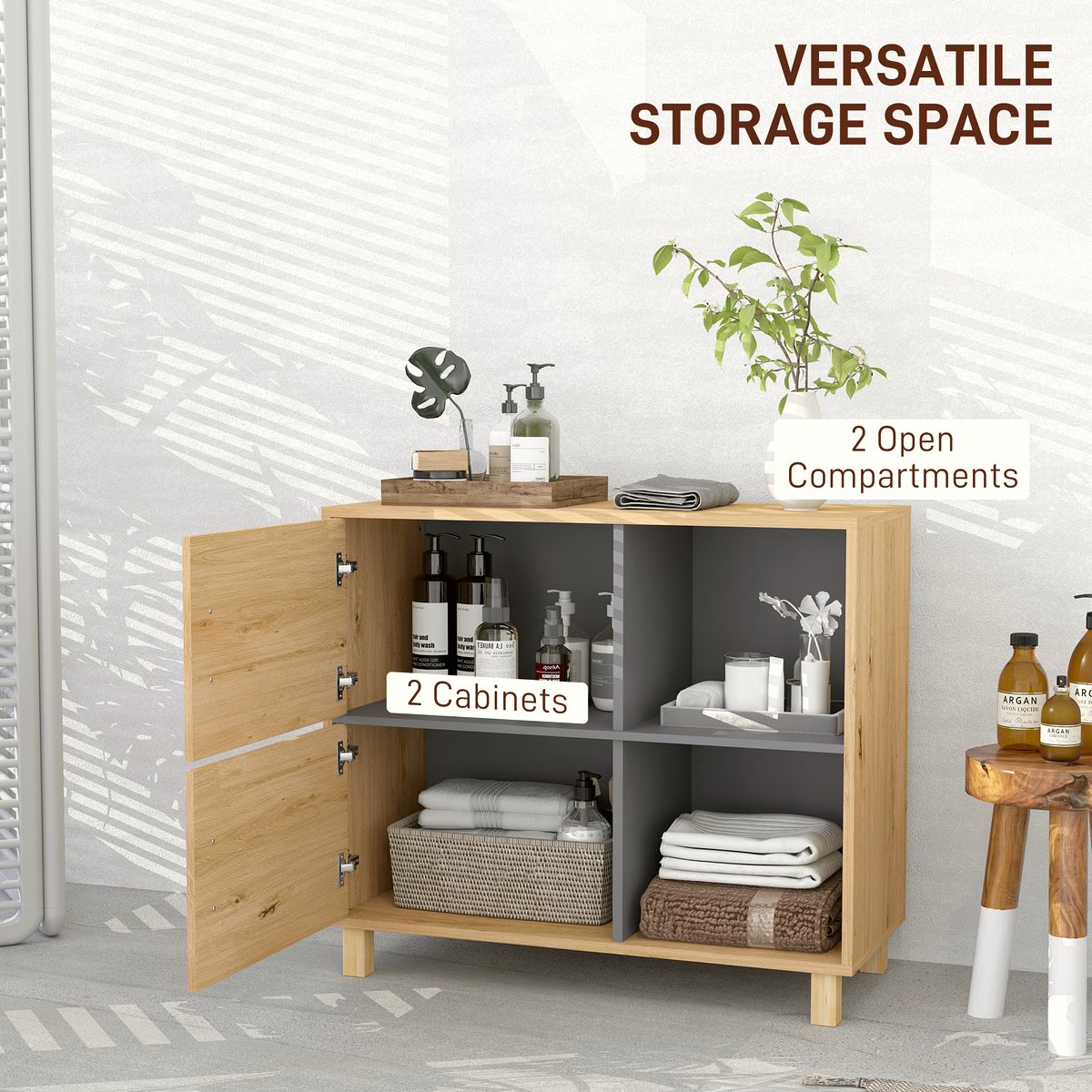 Wooden Bathroom Cabinet - Open Shelves with Double Doors - Image 4