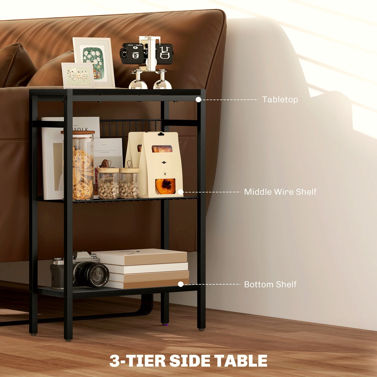 Industrial Side Table - Black Steel Three-Tier Design - Image 4