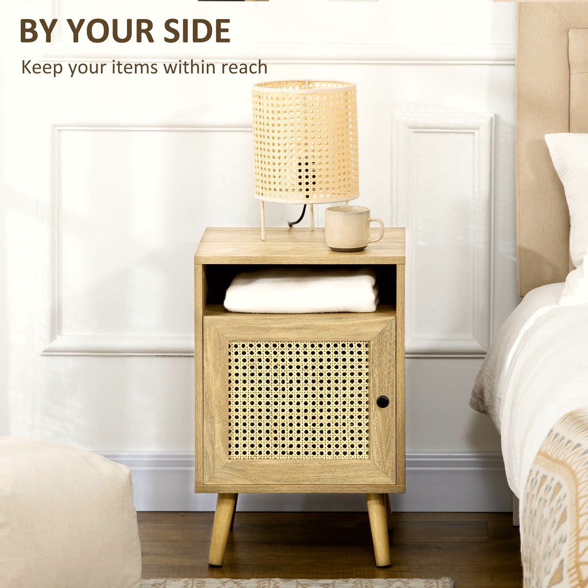 Rattan Bedside Table - Natural Wood Side Table with Storage - Image 4