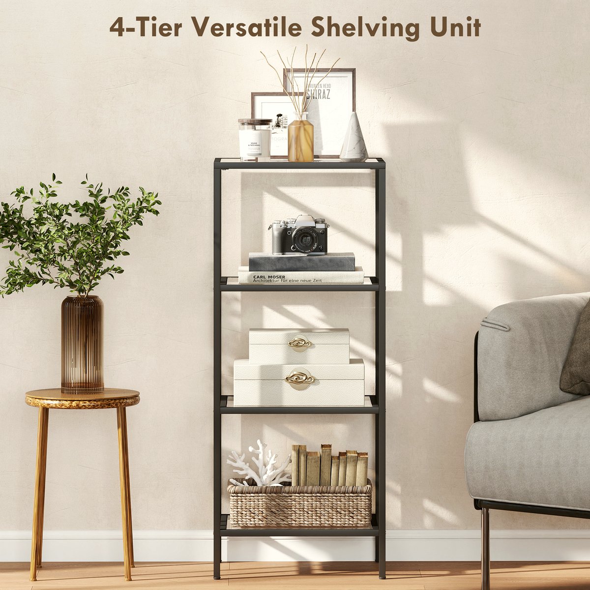 Glass Shelving Unit - Black Frame, 4-Tier Vertical Storage - Image 4