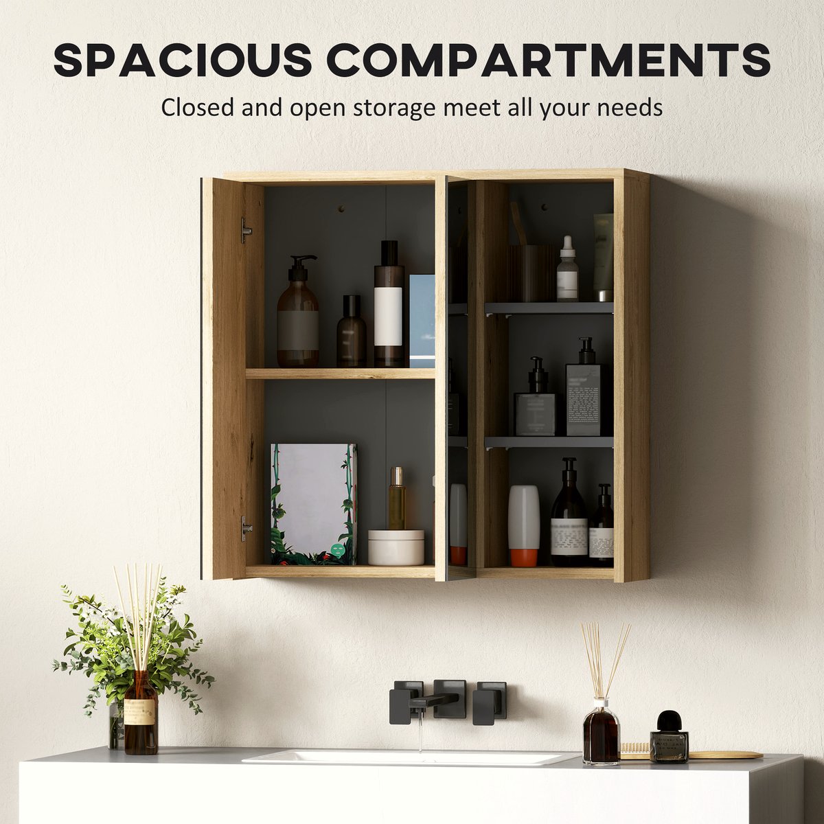 Five-Shelf Mirrored Bathroom Cabinet - Wood-Effect - Image 4