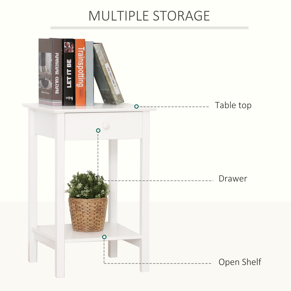 White Wooden Bedside Table - Storage Drawer & Shelf - Image 4