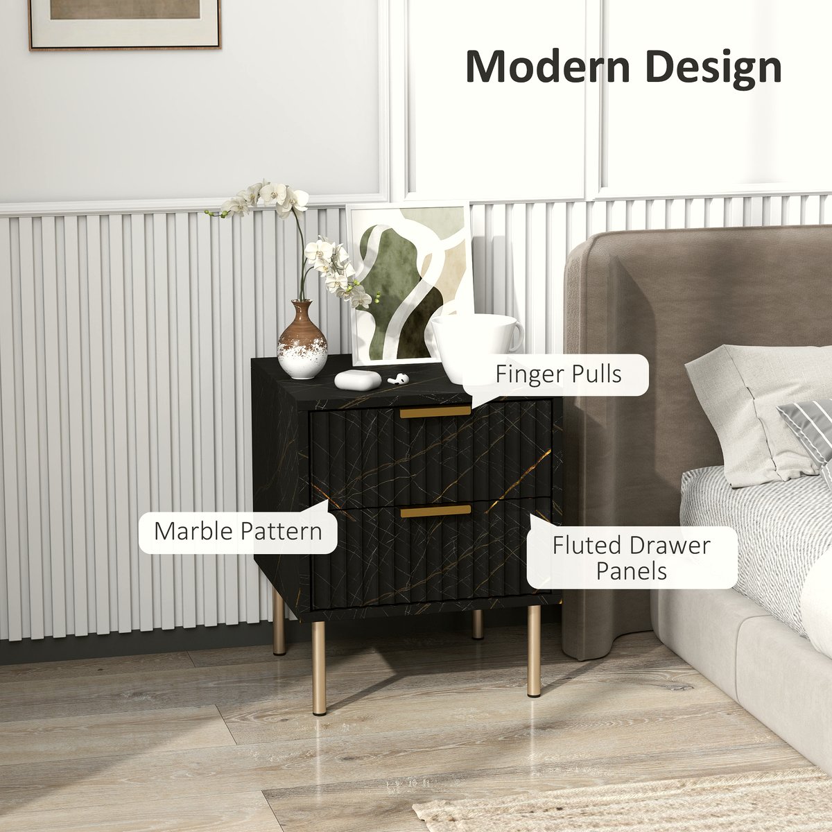 Two-Drawer Bedside Table - Marble-Inspired Design - Image 4