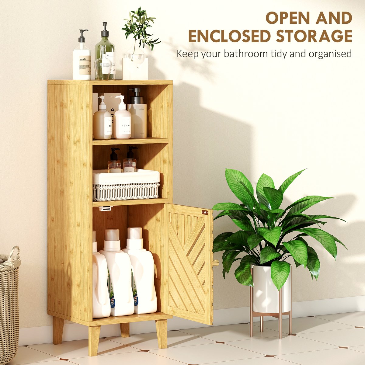 Bamboo Bathroom Cabinet - Slim Storage with Open Shelves - Image 4