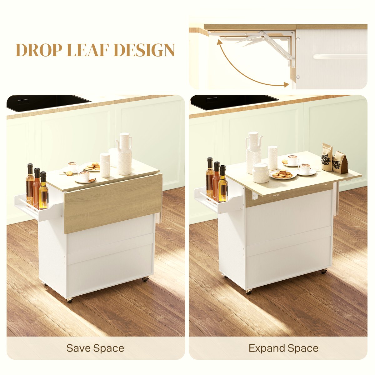 Kitchen Island Cart - White Oak with Drop Leaf Design - Image 4