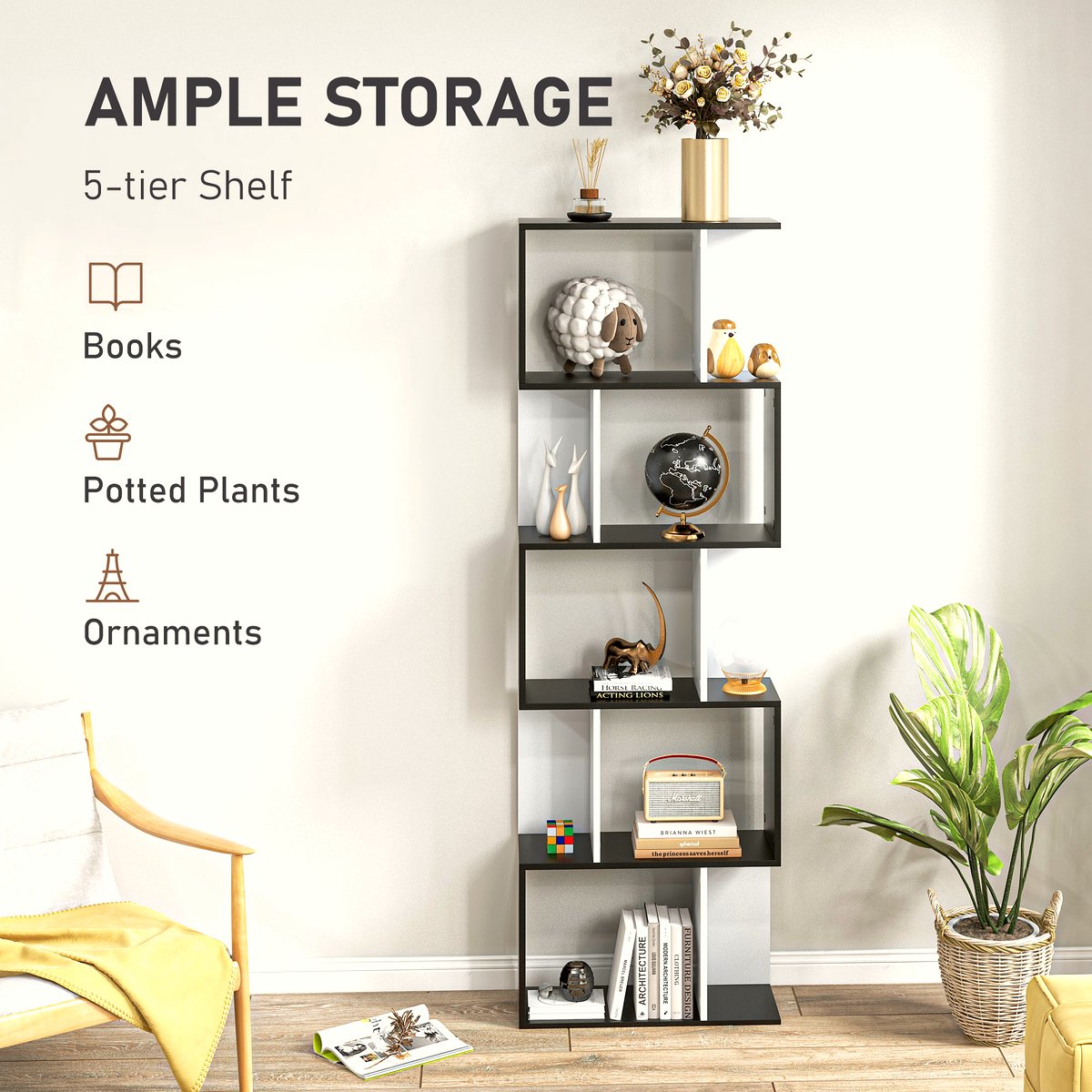 S-Shaped Wooden Bookcase - Contemporary 5-Tier Storage - Image 4