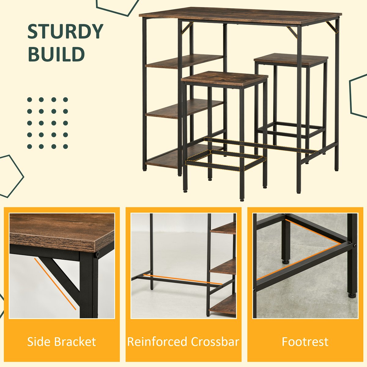 Industrial Bar Height Dining Table - Steel Frame with Shelves - Image 5