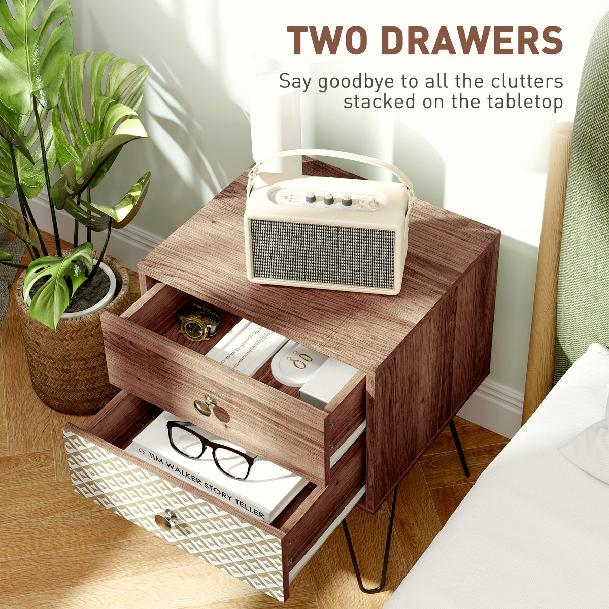 Rustic Bedside Table - Wood Veneer with Black Hairpin Legs - Image 5