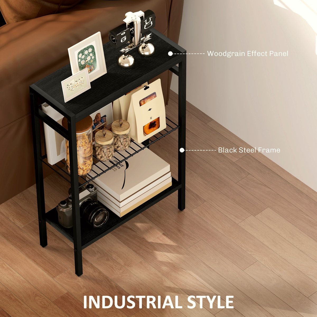 Industrial Side Table - Black Steel Three-Tier Design - Image 5