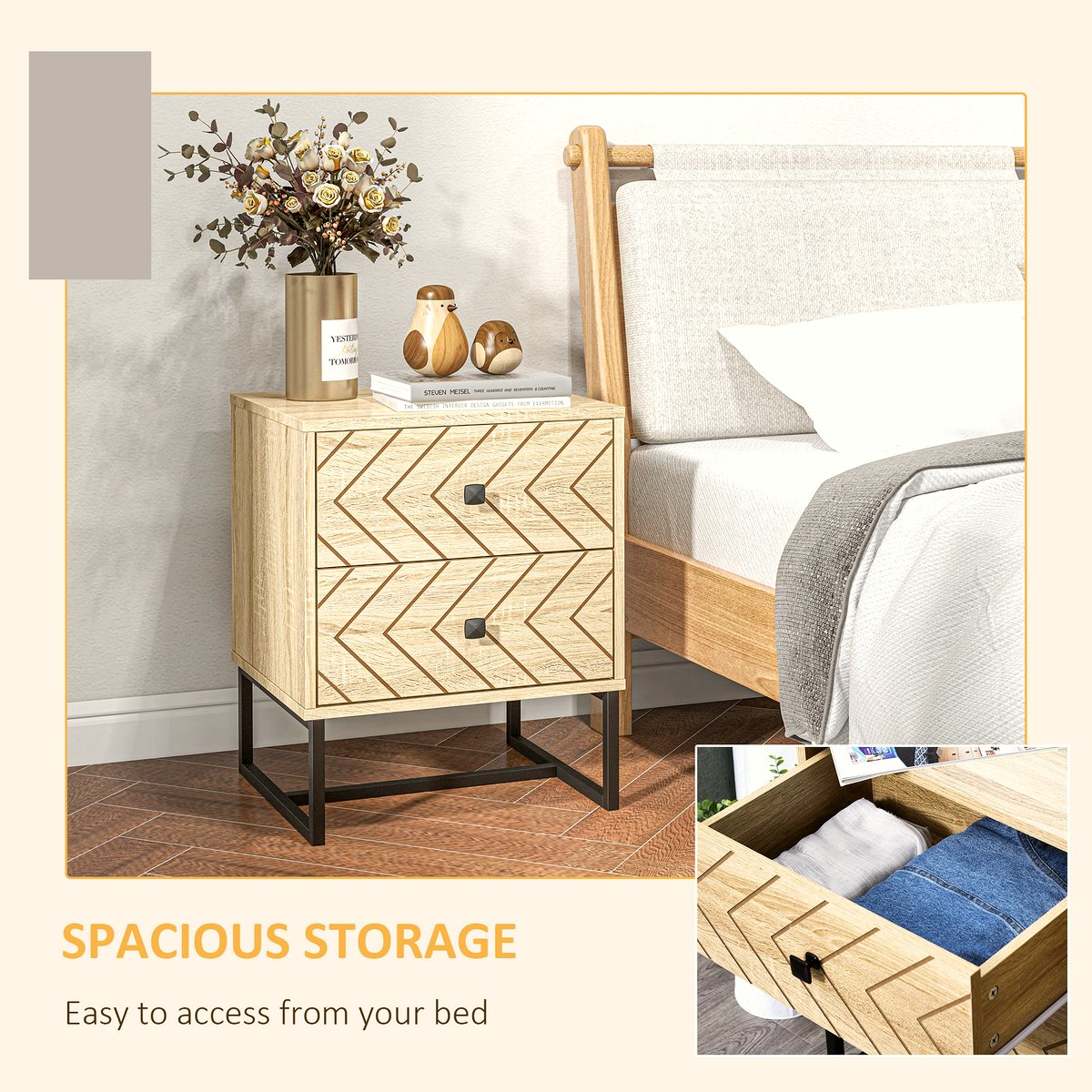 Zig Zag Bedside Table - Two-Drawer Wood Storage Unit - Image 5