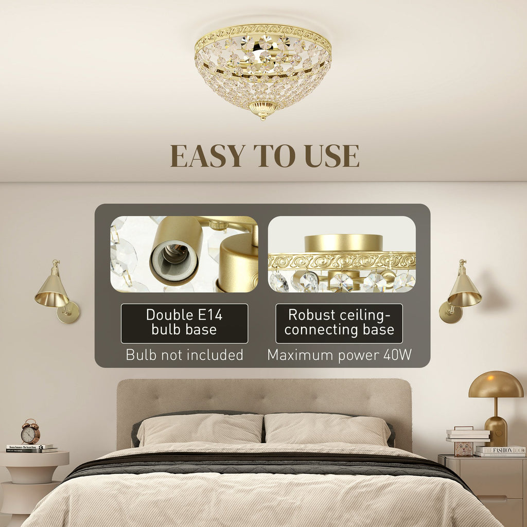 Crystal Ceiling Light - Gold Tone Vintage 2-Light Flush Mount - Image 5