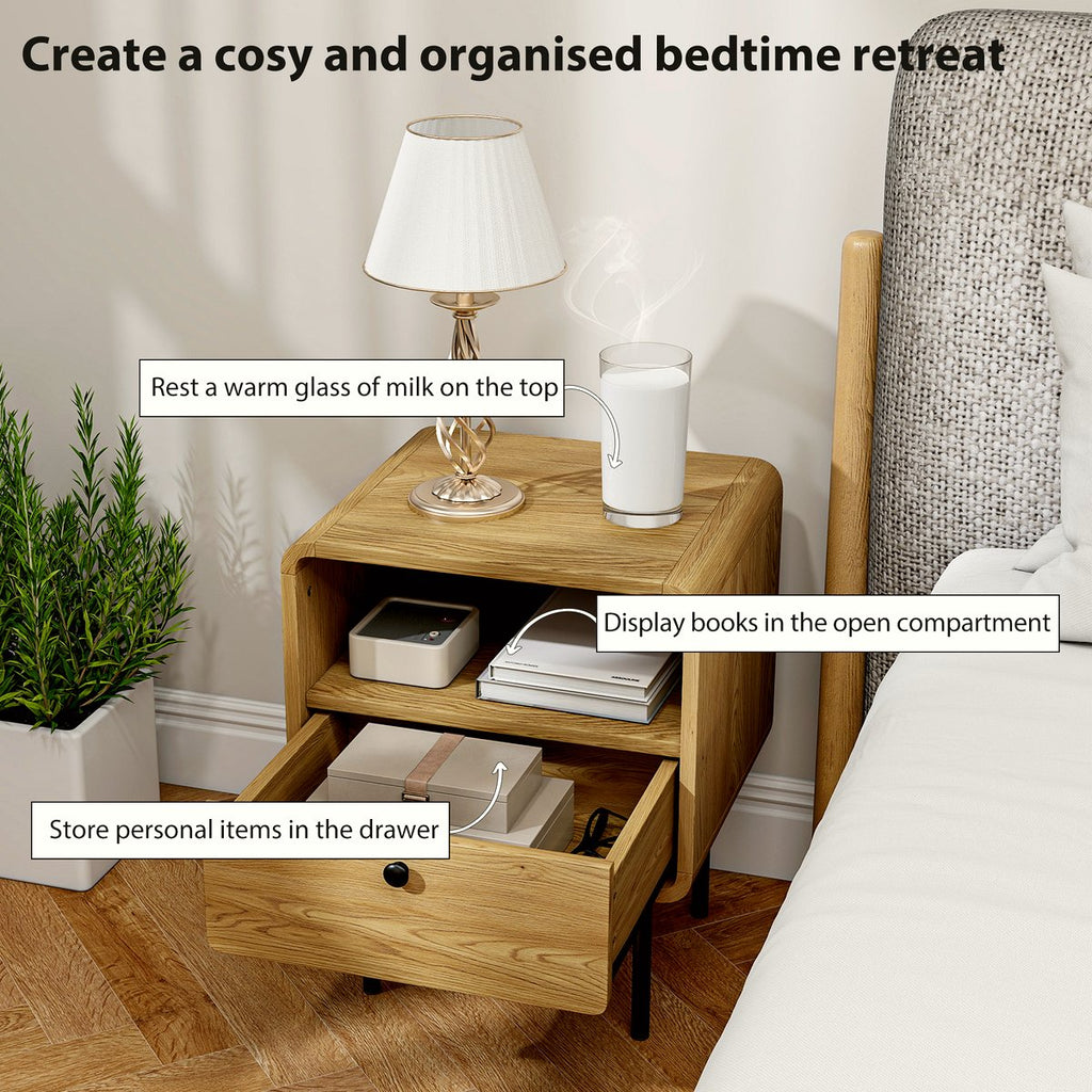 Bedside Table - Oak Wood with Drawer and Open Shelf - Image 5