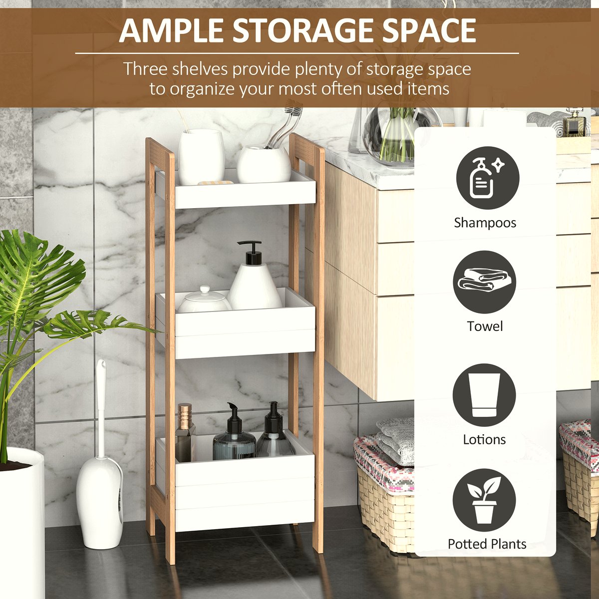 Bamboo Bathroom Rack - 3-Tier Narrow Space Storage Shelf - Image 5