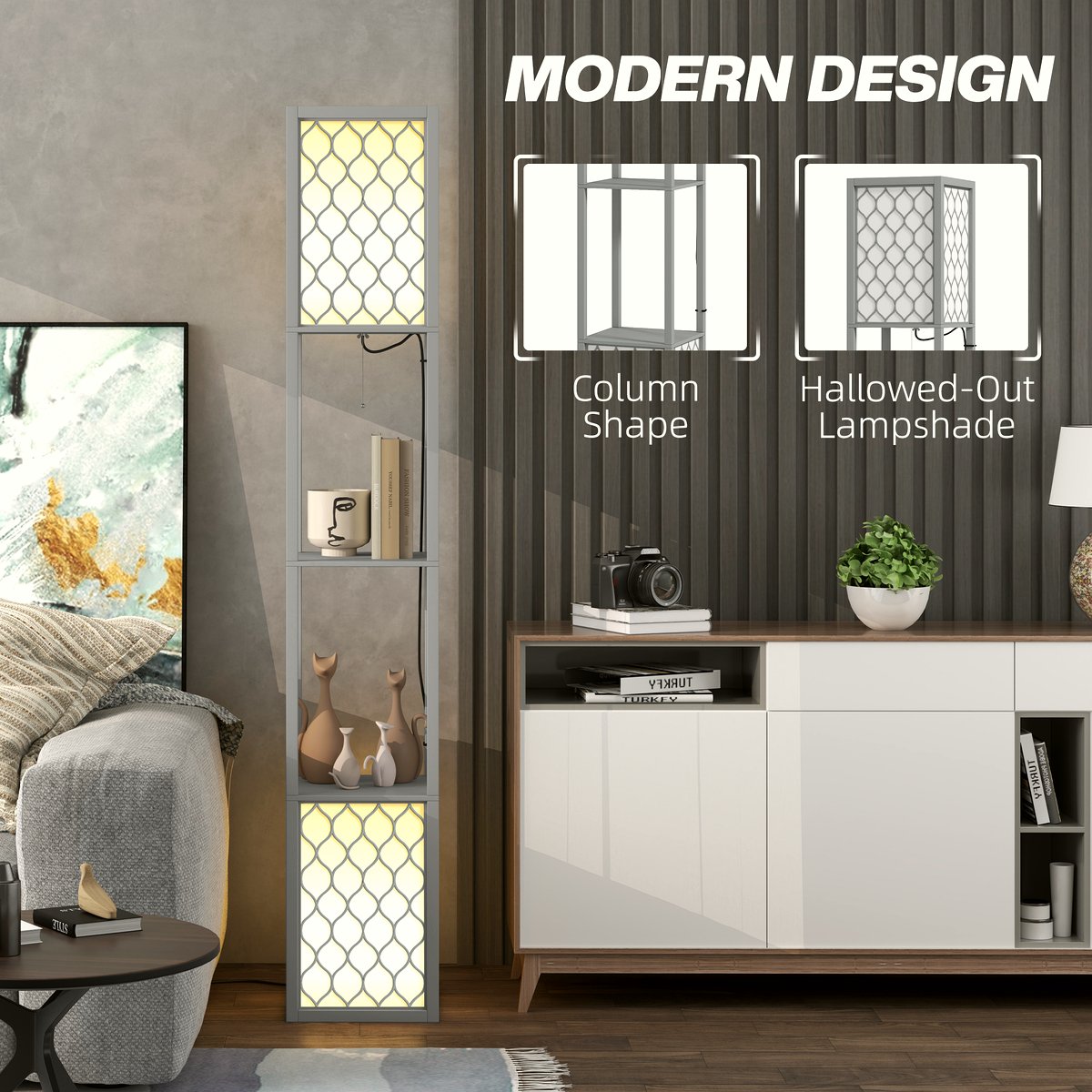 Floor Lamp with Shelves - Modern Light Grey Storage Lamp - Image 5