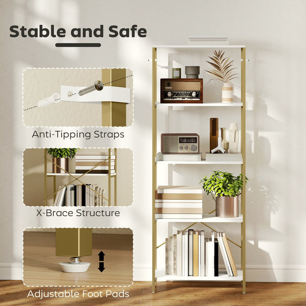 5-Tier Bookshelf - Modern Metal Frame in White and Gold - Image 5
