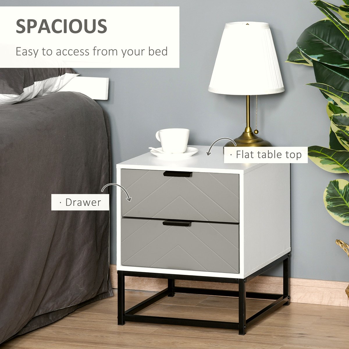 Bedside Cabinet - Grey Chevron Storage with Metal Base - Image 5