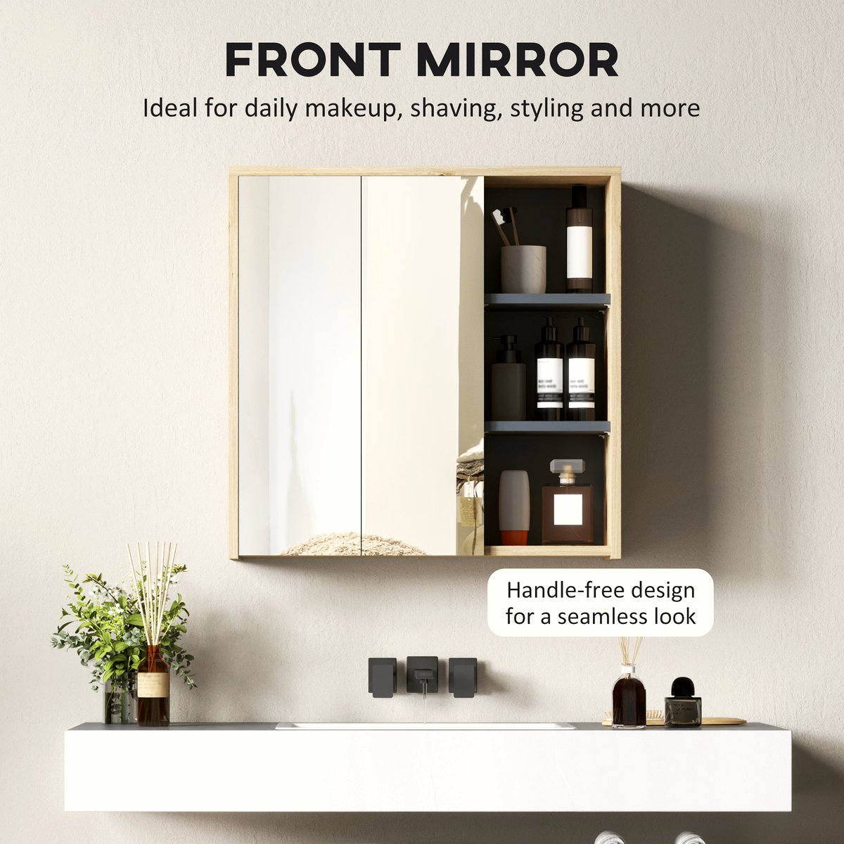 Five-Shelf Mirrored Bathroom Cabinet - Wood-Effect - Image 5