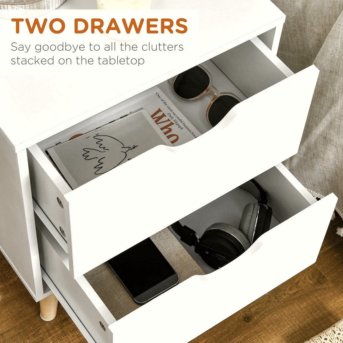 Pine Wood Bedside Table - White Two-Drawer Design - Image 5