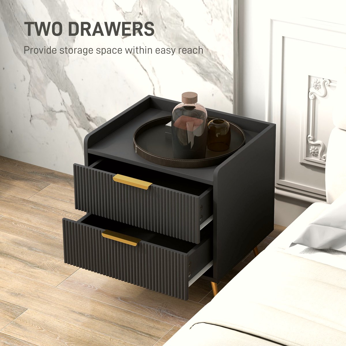 Two-Drawer Bedside Table - Black MDF with Gold Handles - Image 5