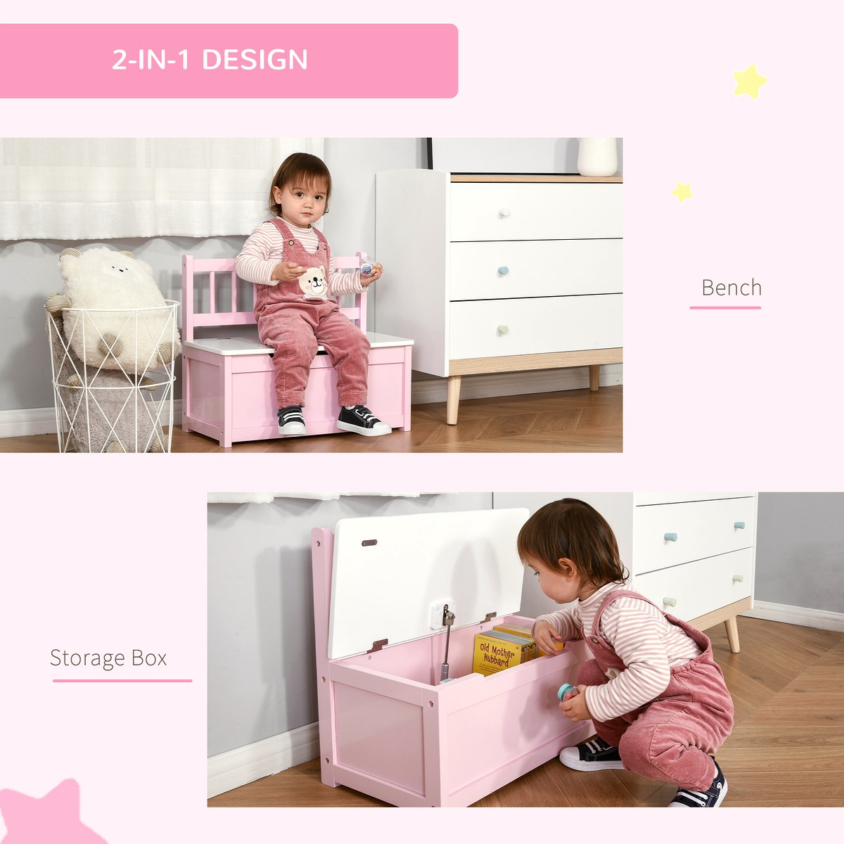 Kids Storage Bench - Wooden Toy Box with Safety Lid - Image 5