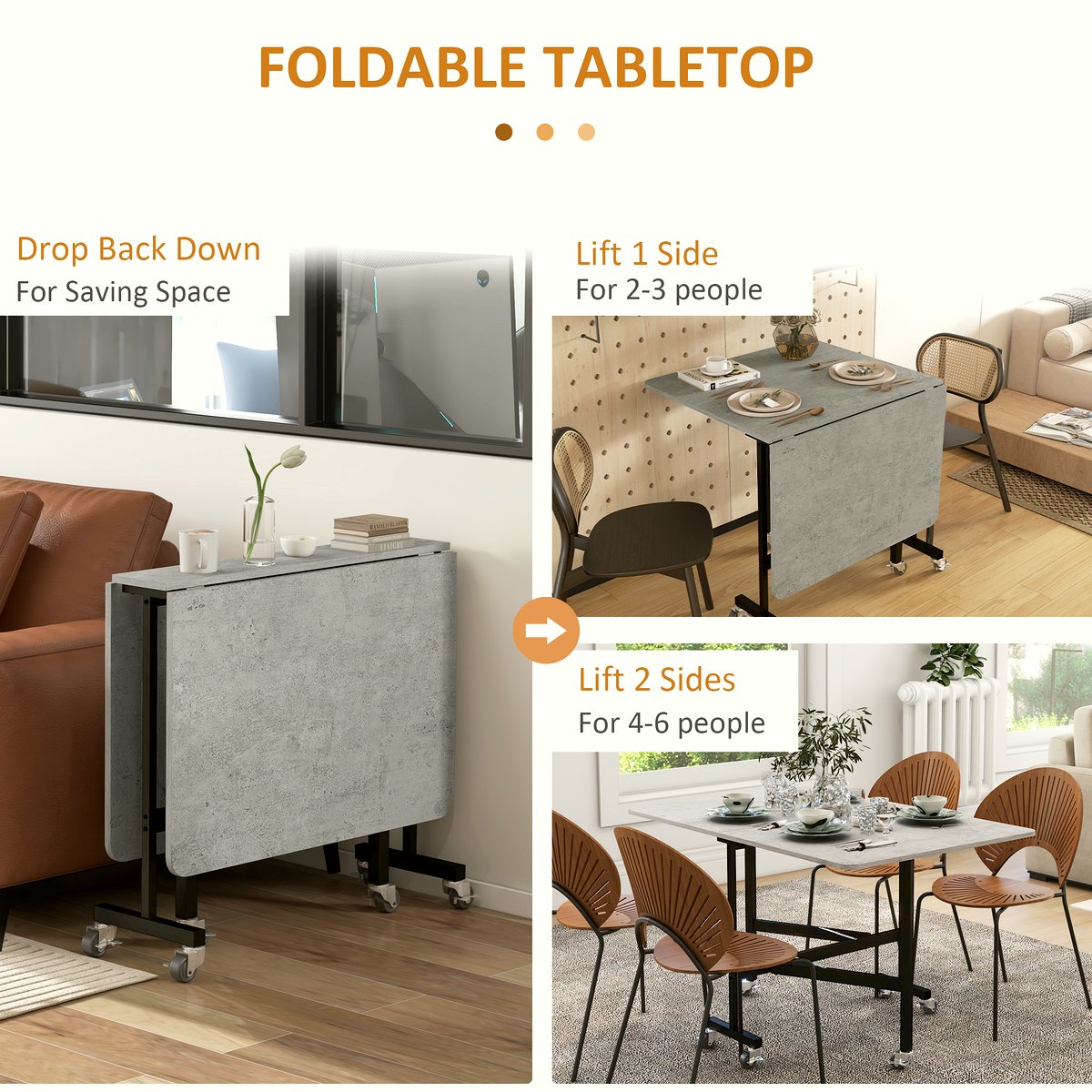 Drop Leaf Dining Table - Grey Marble with Steel Wheels - Image 5