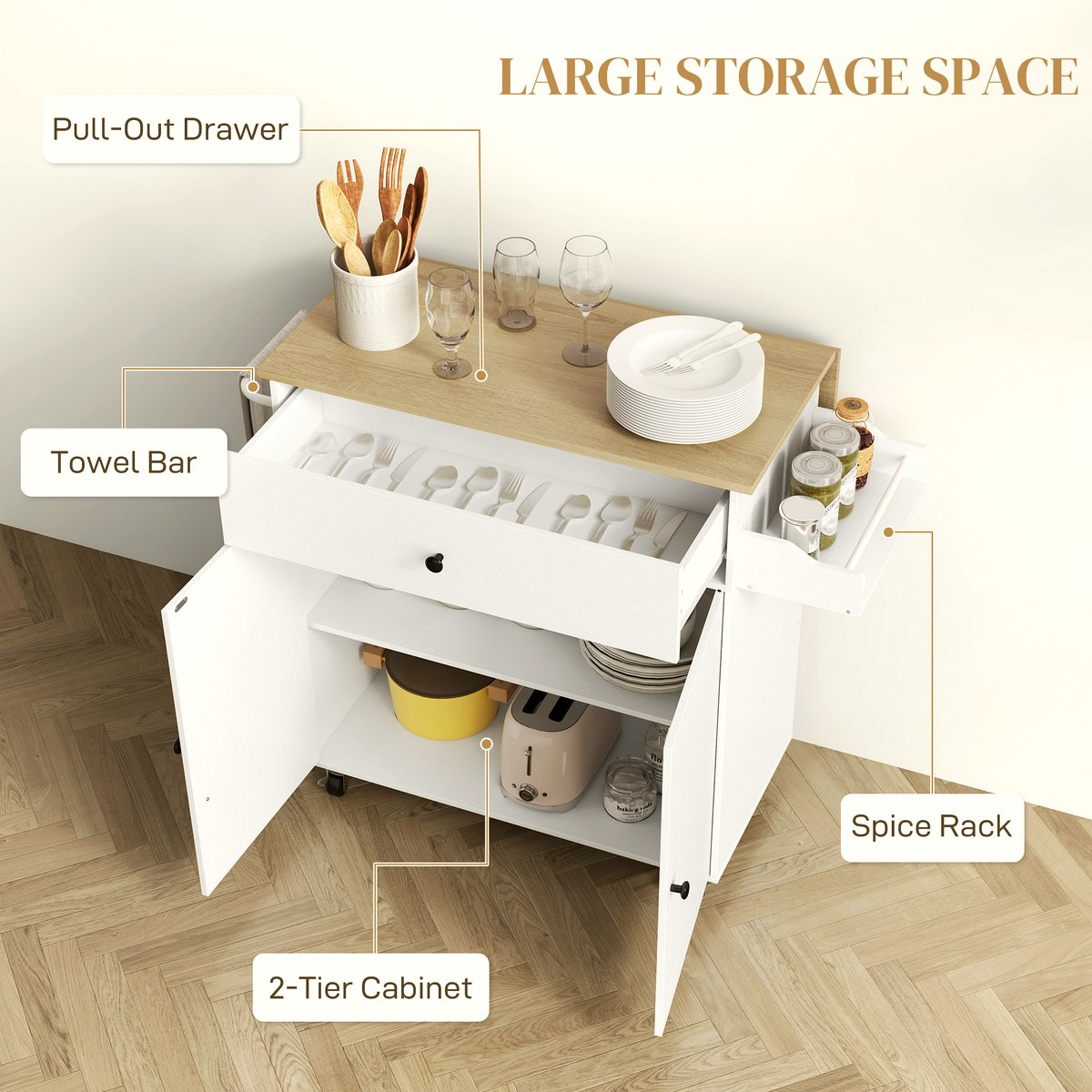 Kitchen Island Cart - White Oak with Drop Leaf Design - Image 5