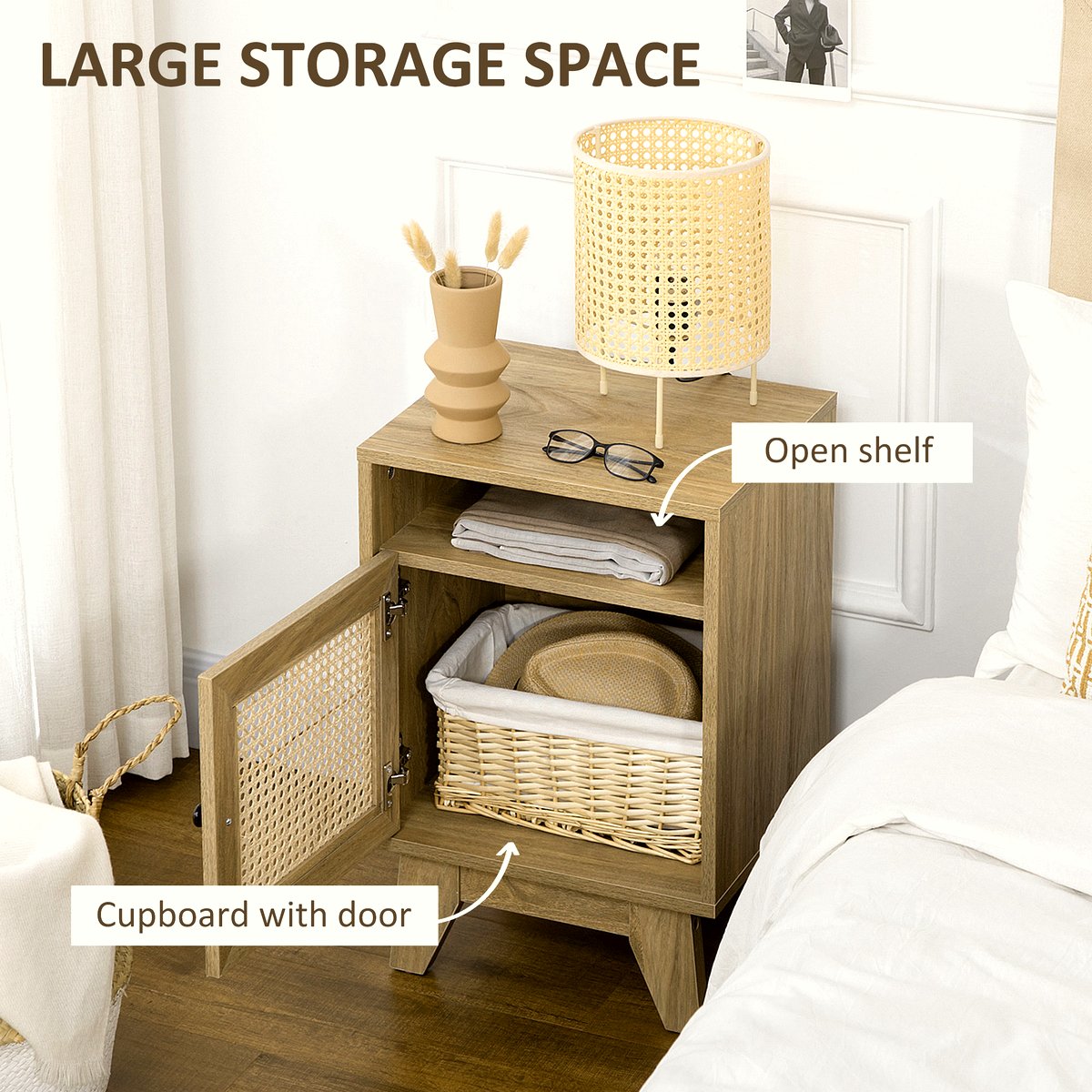 Rattan Nightstand - Natural Wood Side Table with Storage - Image 5